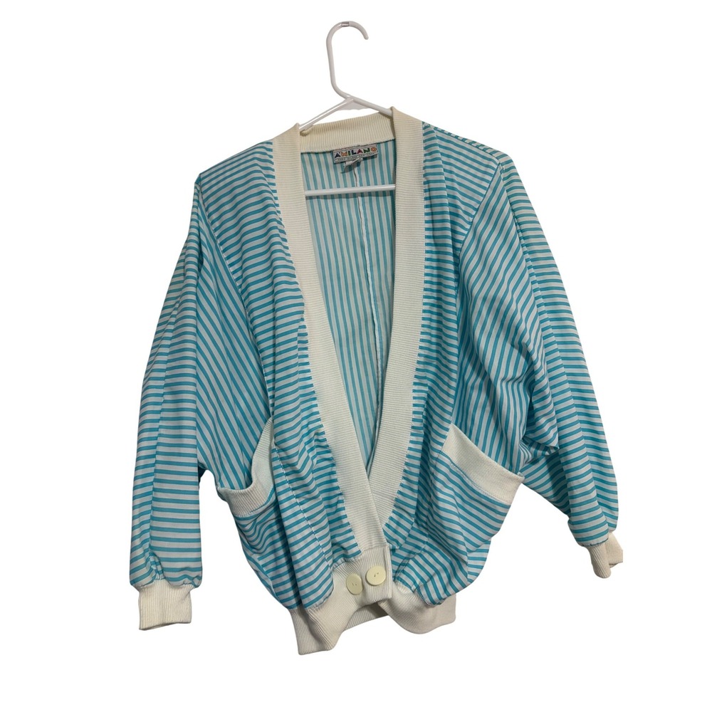 A'Milano‎ Cardigan Jacket Vintage 80s 90s Teal White Striped Dolman Sleeve Small